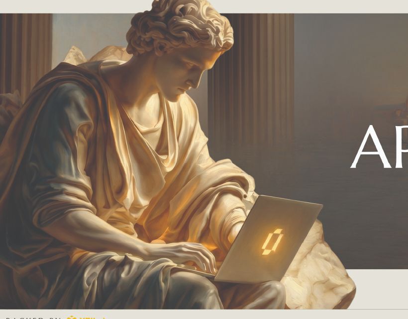 A classical figure at a laptop